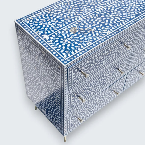 Mother Of Pearl Inlay Floral Design 9 Drawers Dresser Table Blue