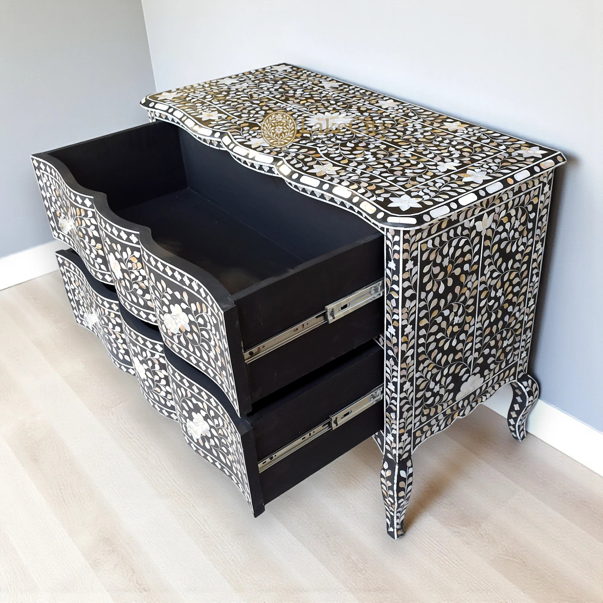 Mother Of Pearl Inlay Floral Design Curved 2 Drawers Chest Black