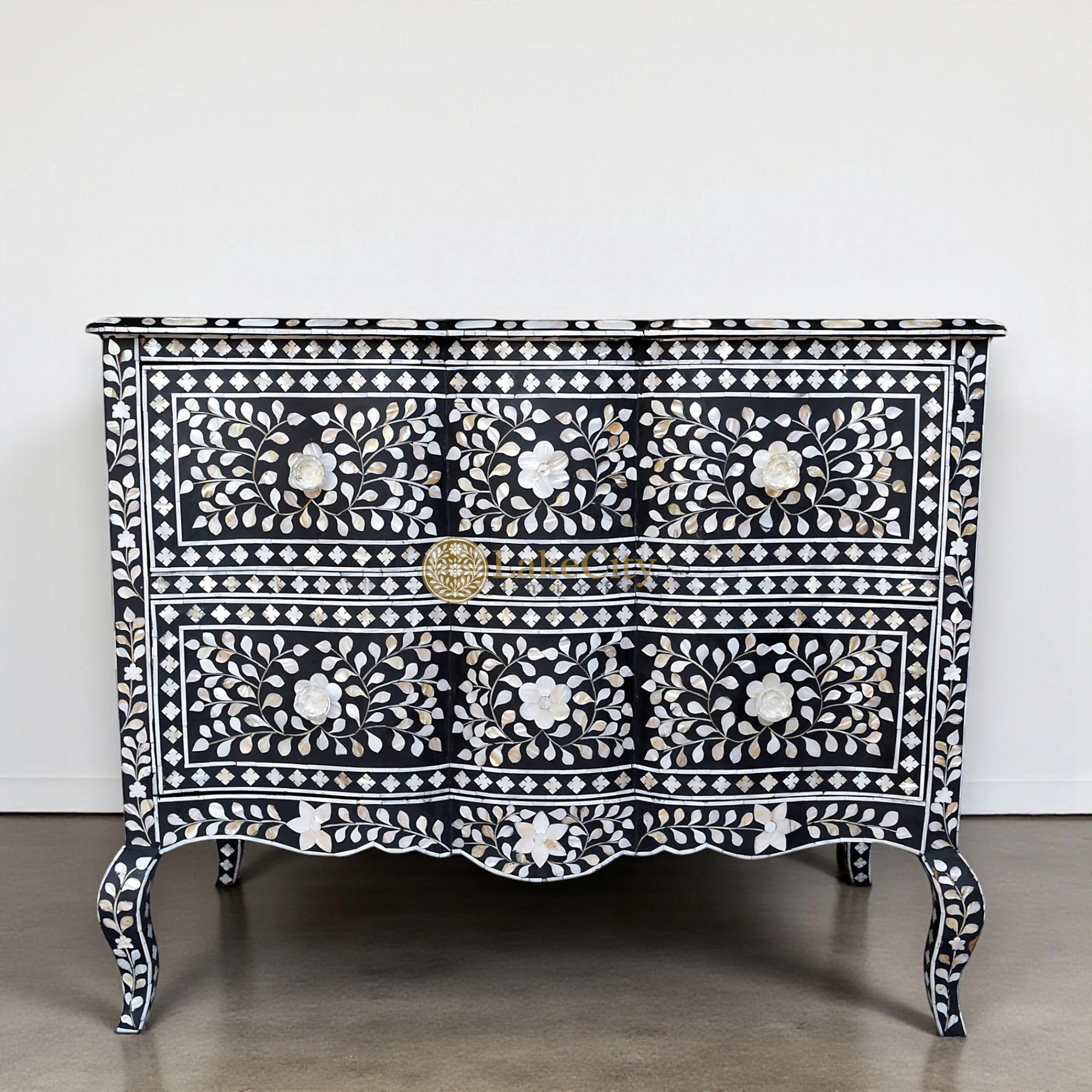 Mother Of Pearl Inlay Floral Design Curved 2 Drawers Chest Black