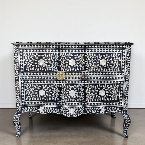 Mother Of Pearl Inlay Floral Design Curved 2 Drawers Chest Black