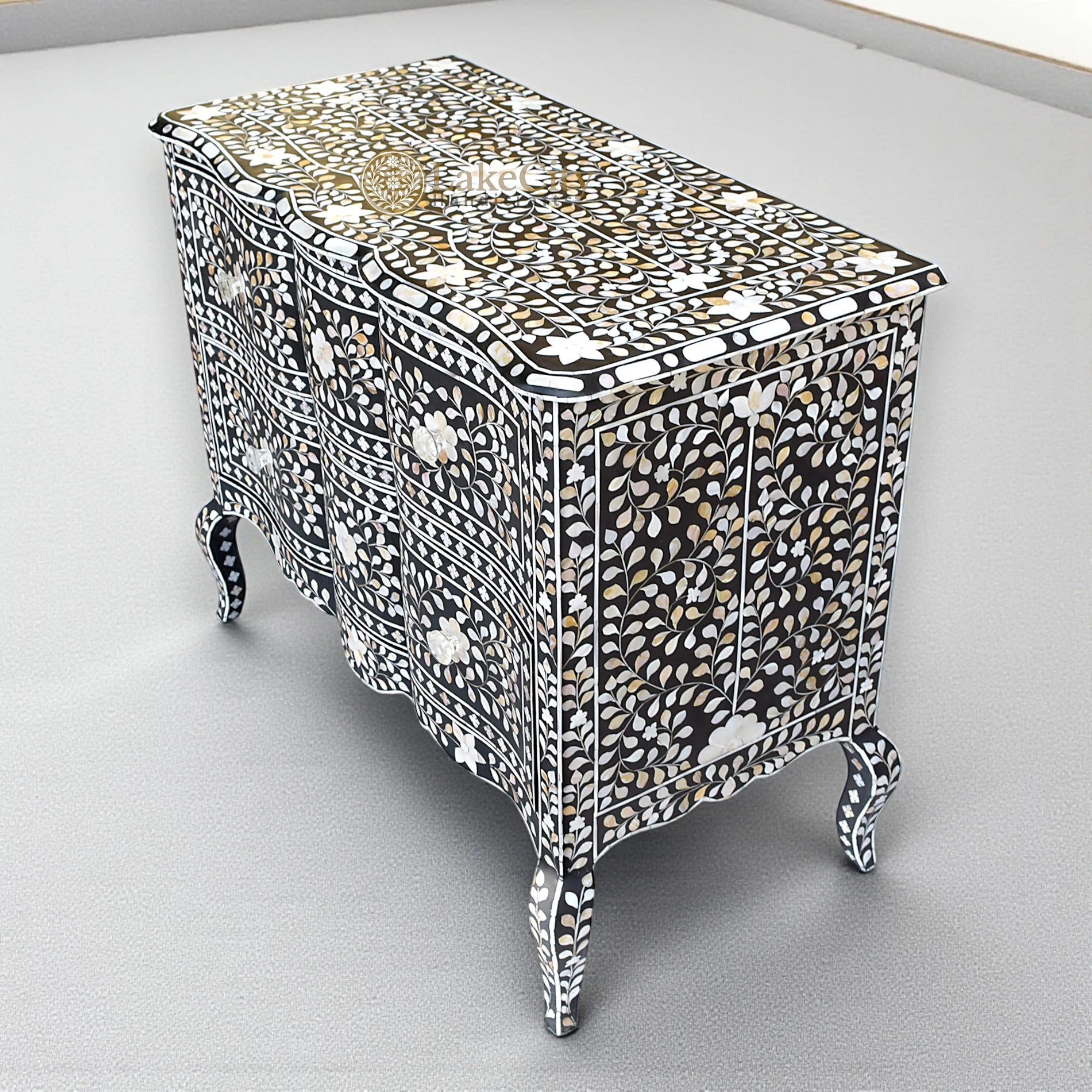Mother Of Pearl Inlay Floral Design Curved 2 Drawers Chest Black