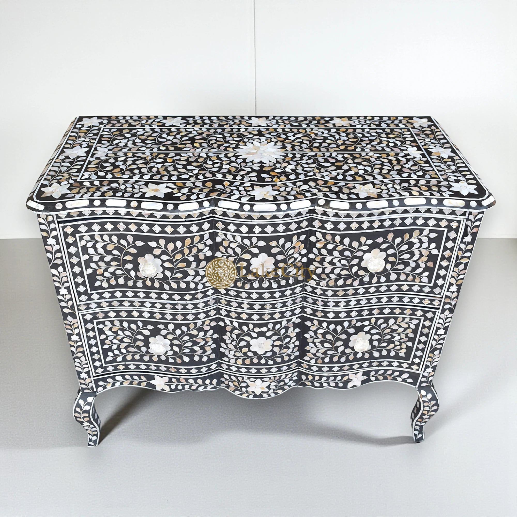 Mother Of Pearl Inlay Floral Design Curved 2 Drawers Chest Black