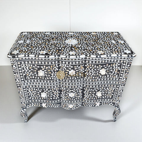 Mother Of Pearl Inlay Floral Design Curved 2 Drawers Chest Black