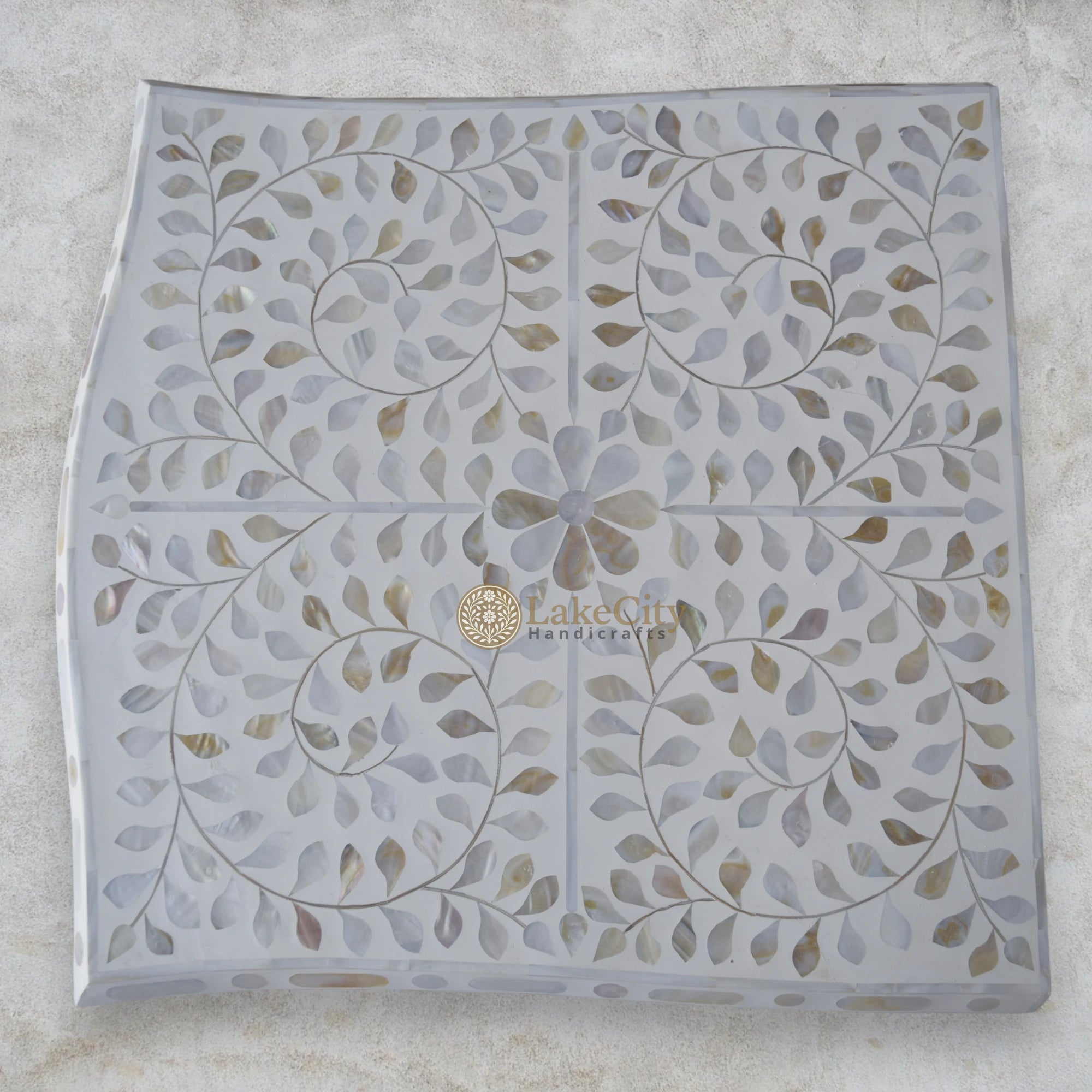 Mother Of Pearl Inlay Floral Design French Legs Bedside 1 Drawer White
