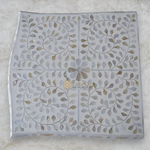 Mother Of Pearl Inlay Floral Design French Legs Bedside 1 Drawer White
