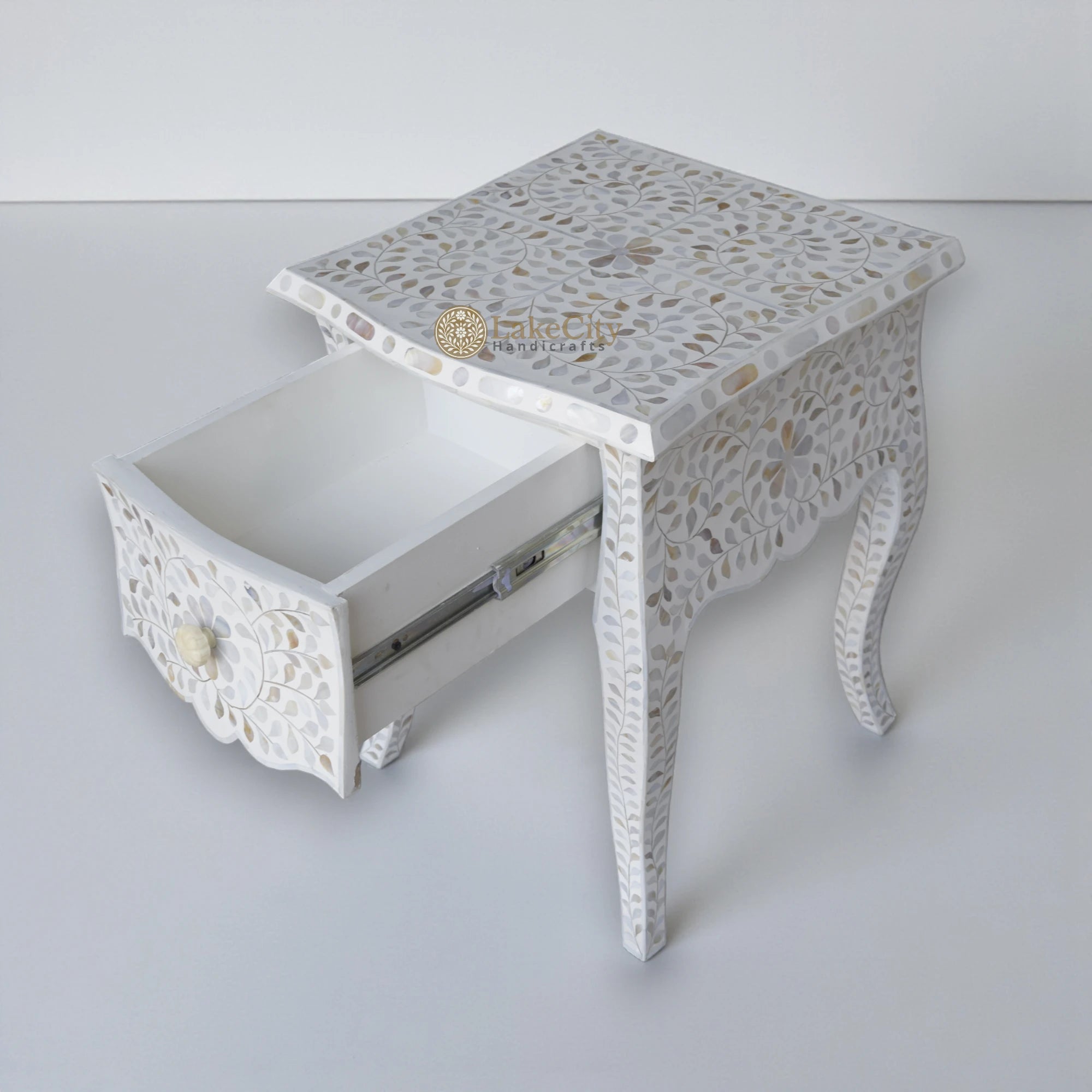 Mother Of Pearl Inlay Floral Design French Legs Bedside 1 Drawer White