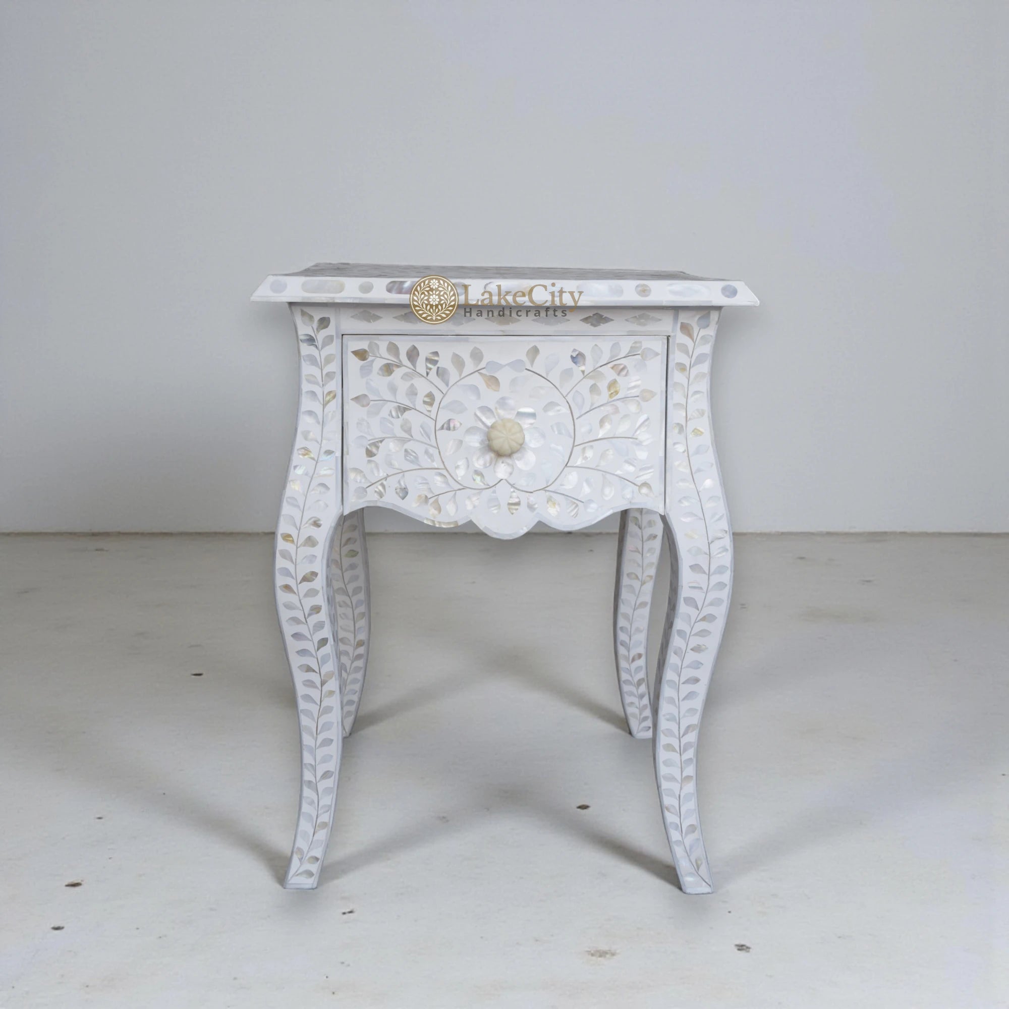 Mother Of Pearl Inlay Floral Design French Legs Bedside 1 Drawer White