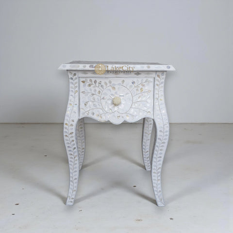 Mother Of Pearl Inlay Floral Design French Legs Bedside 1 Drawer White