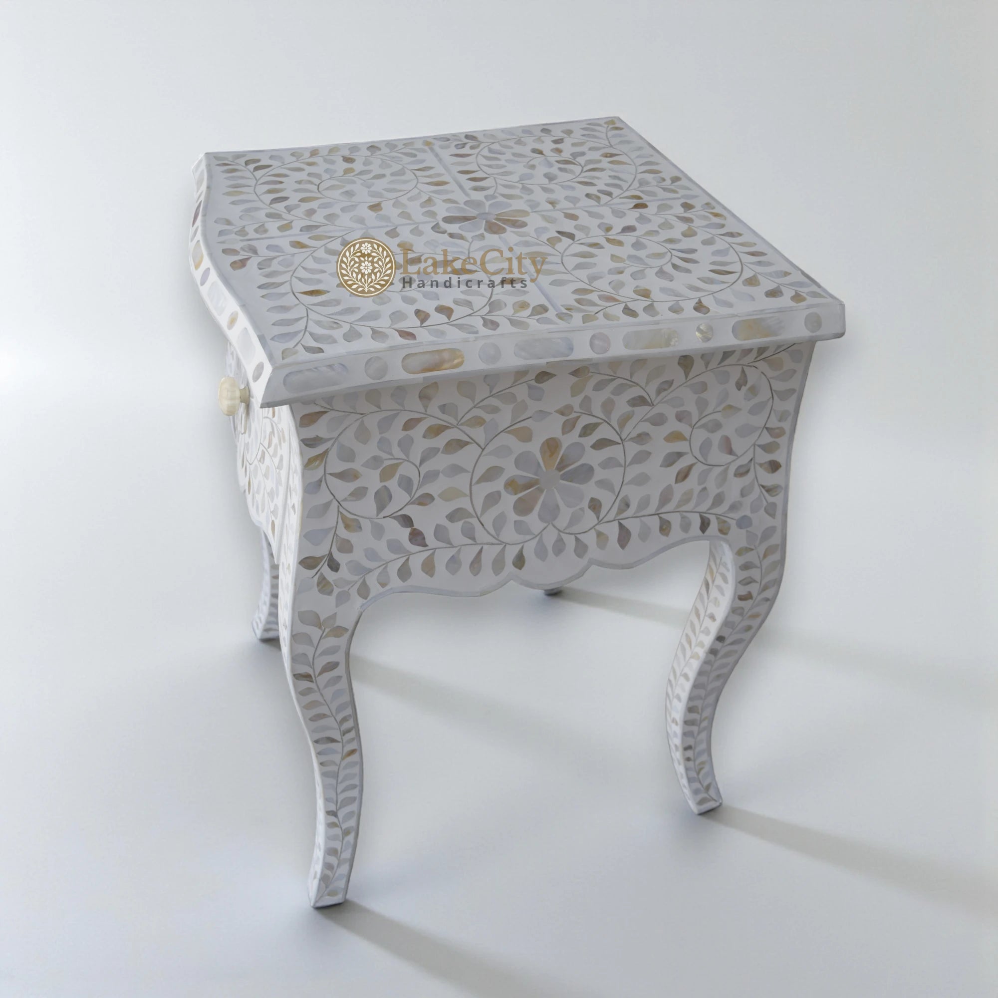 Mother Of Pearl Inlay Floral Design French Legs Bedside 1 Drawer White