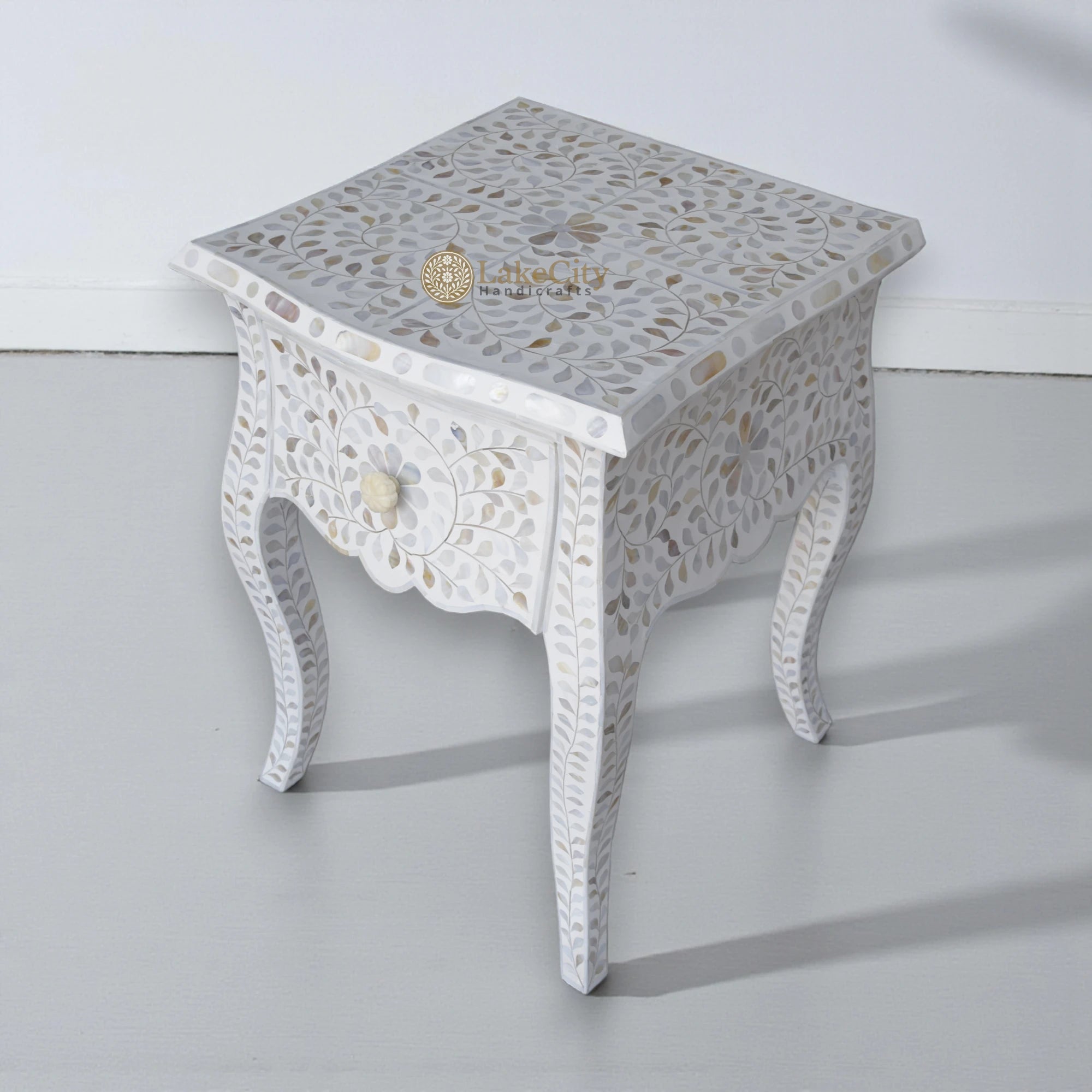 Mother Of Pearl Inlay Floral Design French Legs Bedside 1 Drawer White