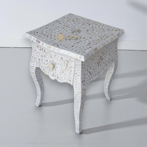 Mother Of Pearl Inlay Floral Design French Legs Bedside 1 Drawer White