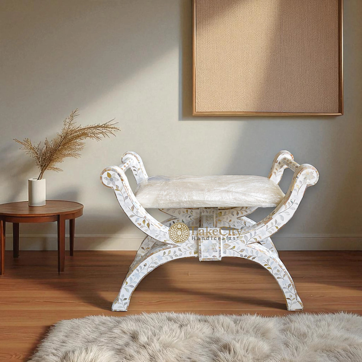 Mother Of Pearl Inlay Floral Design Jenny Stool White
