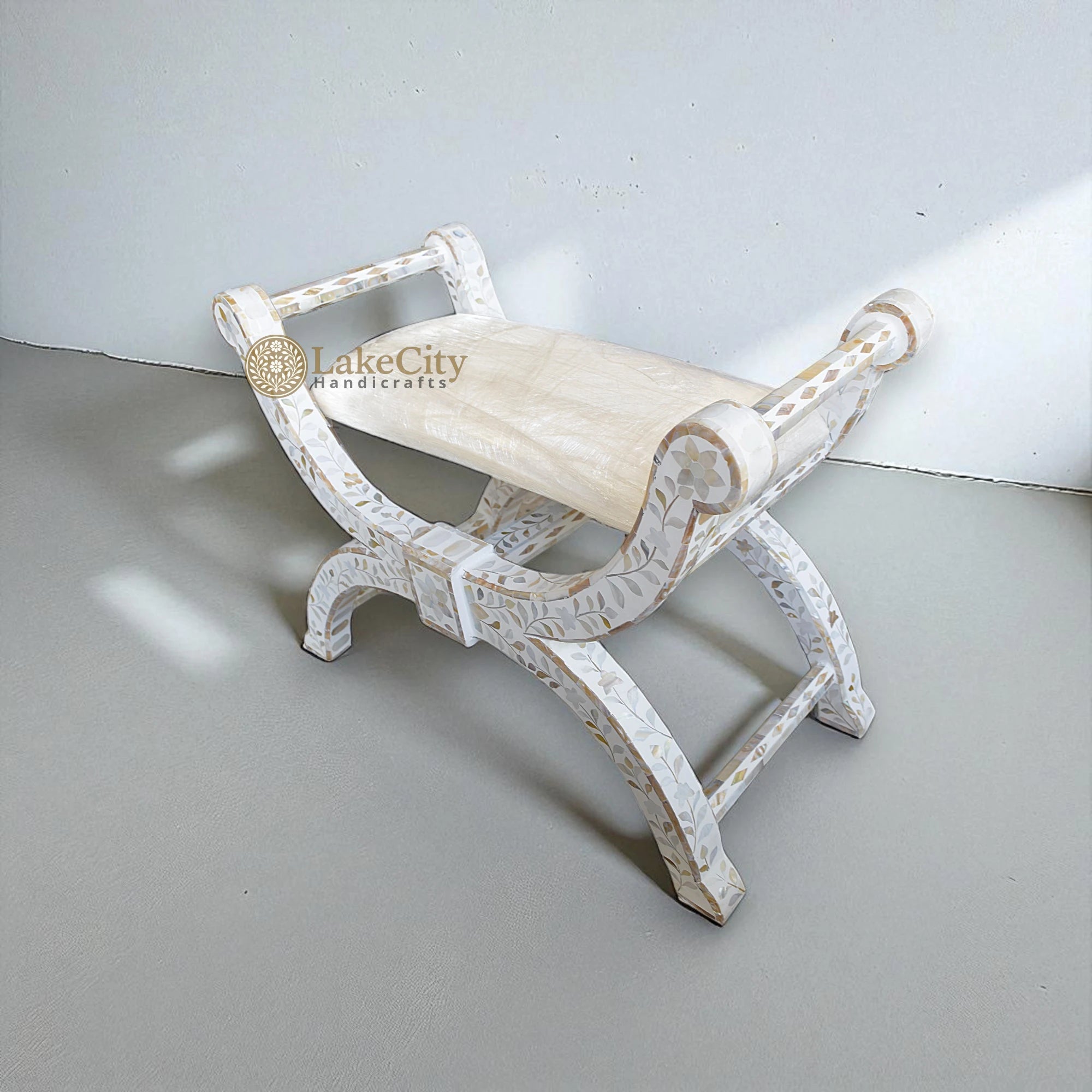 Mother Of Pearl Inlay Floral Design Jenny Stool White