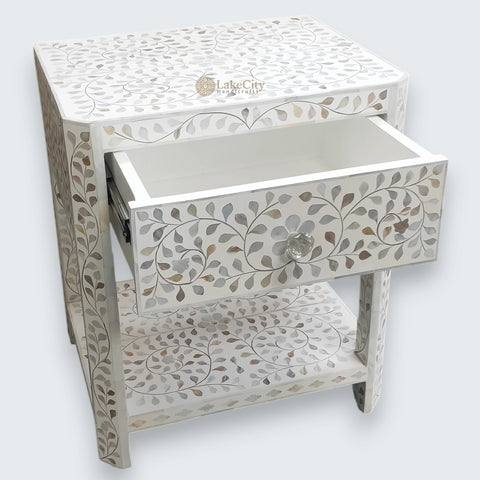 Mother Of Pearl Inlay Floral Edge Bedside White