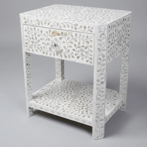 Mother Of Pearl Inlay Floral Edge Bedside White