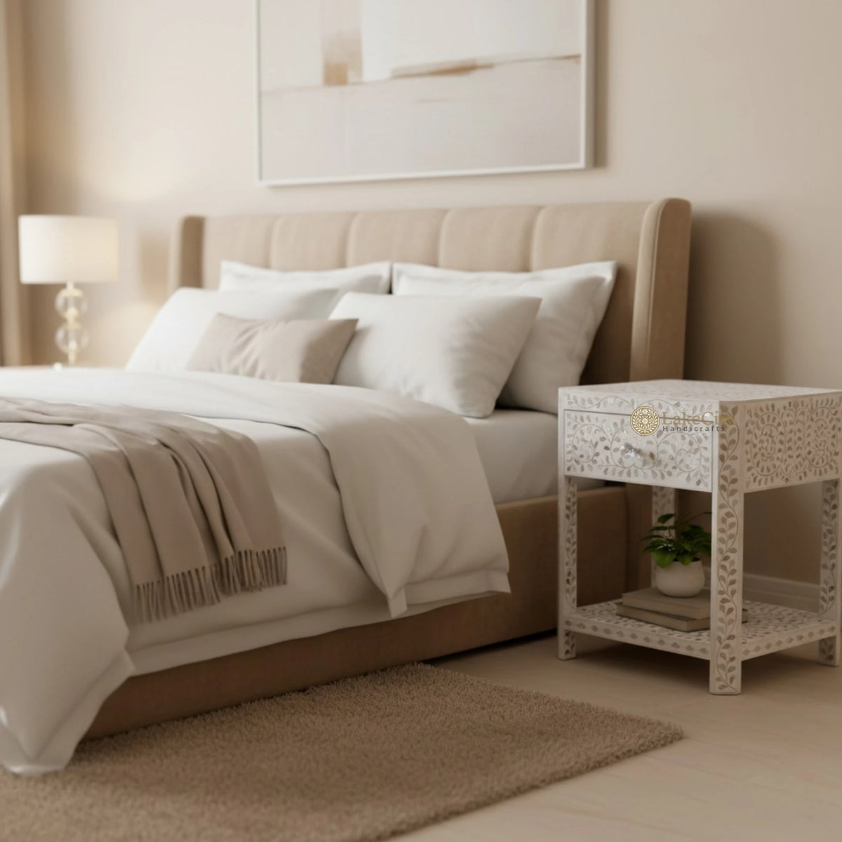 Mother Of Pearl Inlay Floral Edge Bedside White