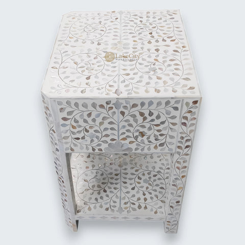 Mother Of Pearl Inlay Floral Edge Bedside White