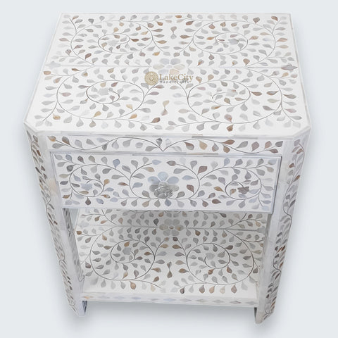 Mother Of Pearl Inlay Floral Edge Bedside White