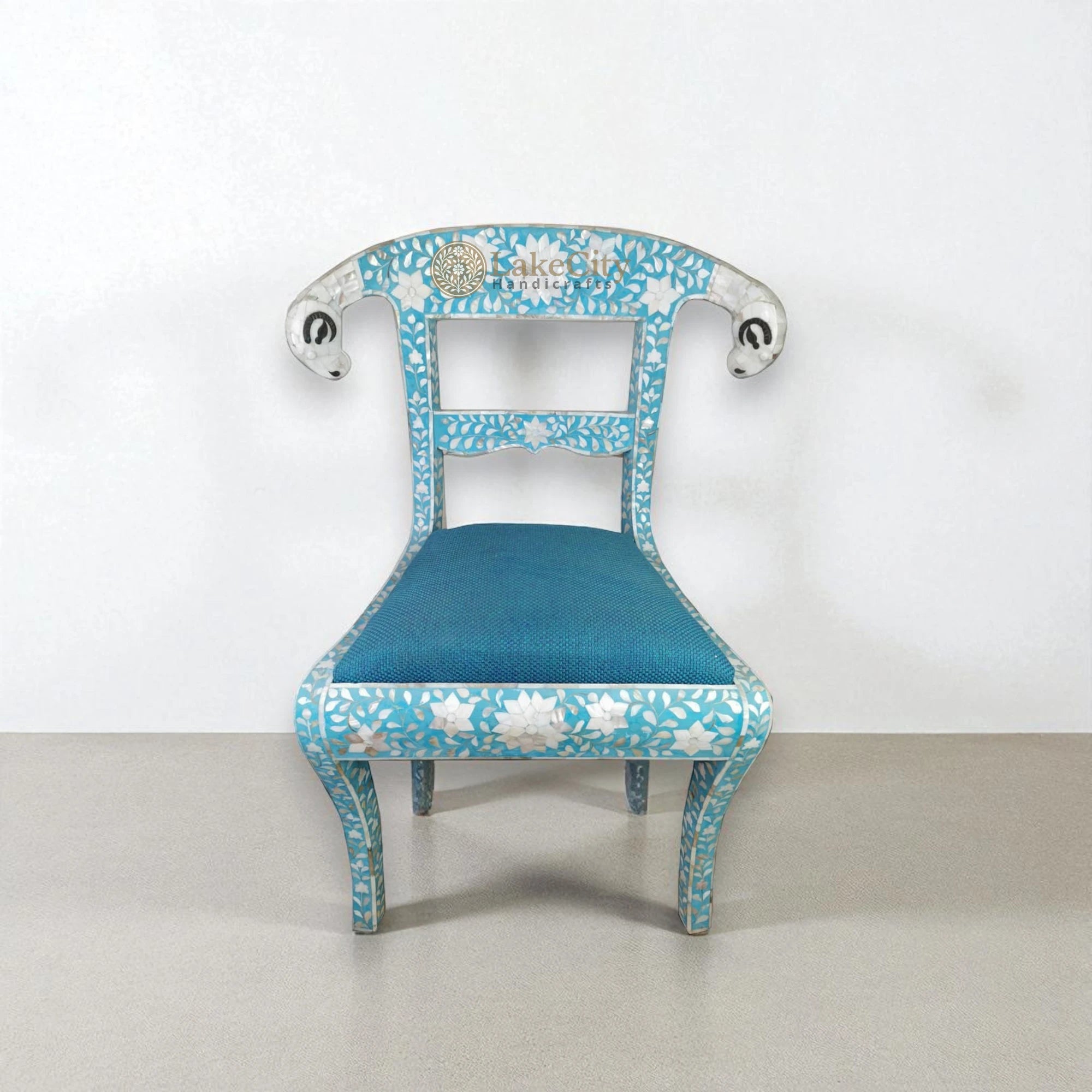Mother Of Pearl Inlay Floral Rams Head Chair Turquoise Blue