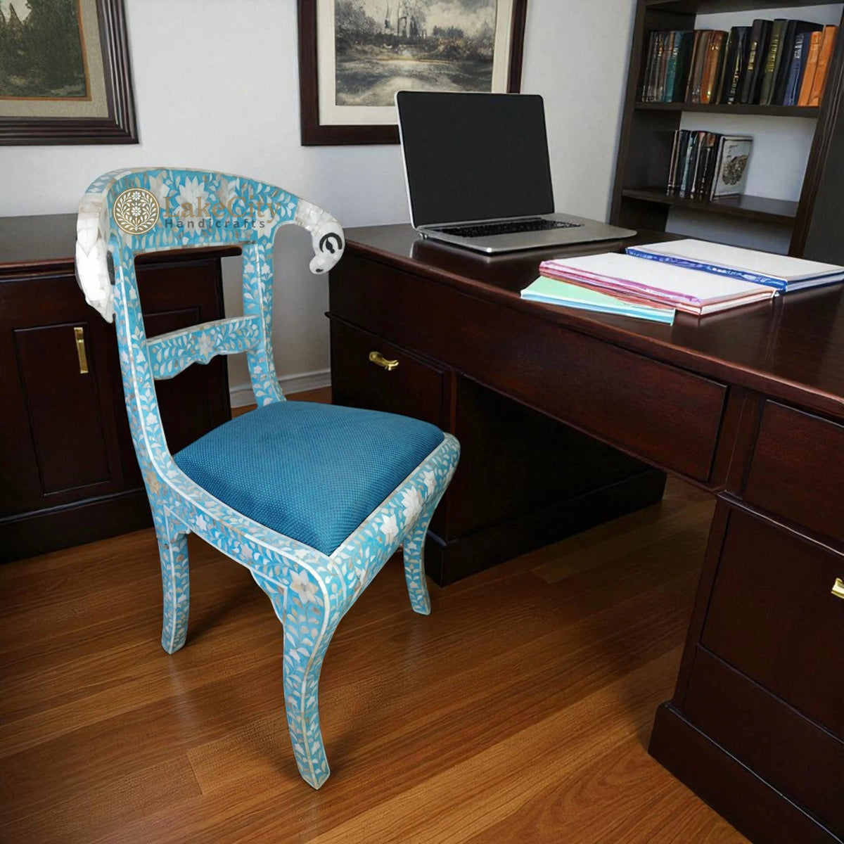 Mother Of Pearl Inlay Floral Rams Head Chair Turquoise Blue