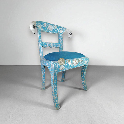 Mother Of Pearl Inlay Floral Rams Head Chair Turquoise Blue