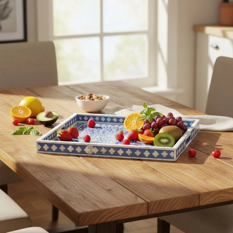 Bandeja rectangular floral con incrustaciones de nácar azul