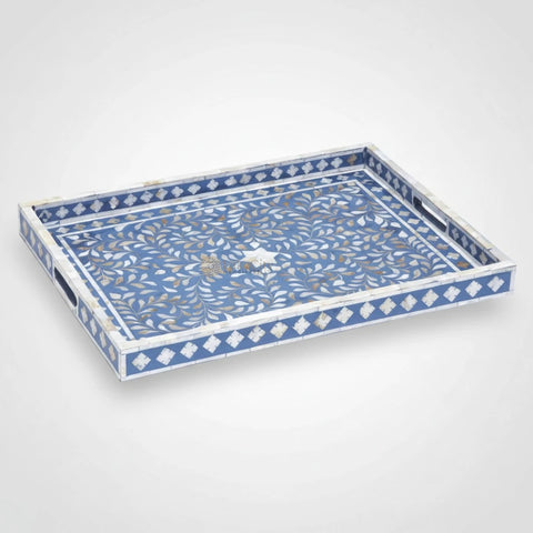 Bandeja rectangular floral con incrustaciones de nácar azul