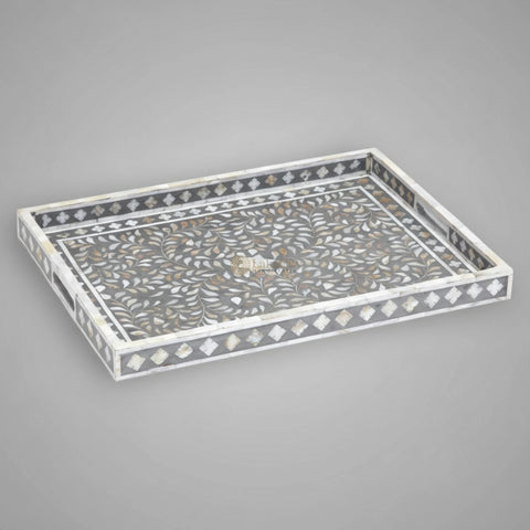 Mother Of Pearl Inlay Floral Rectangular Tray Grey