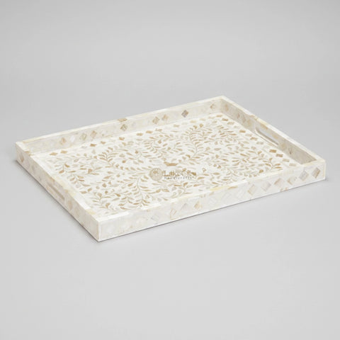Mother Of Pearl Inlay Floral Rectangular Tray White