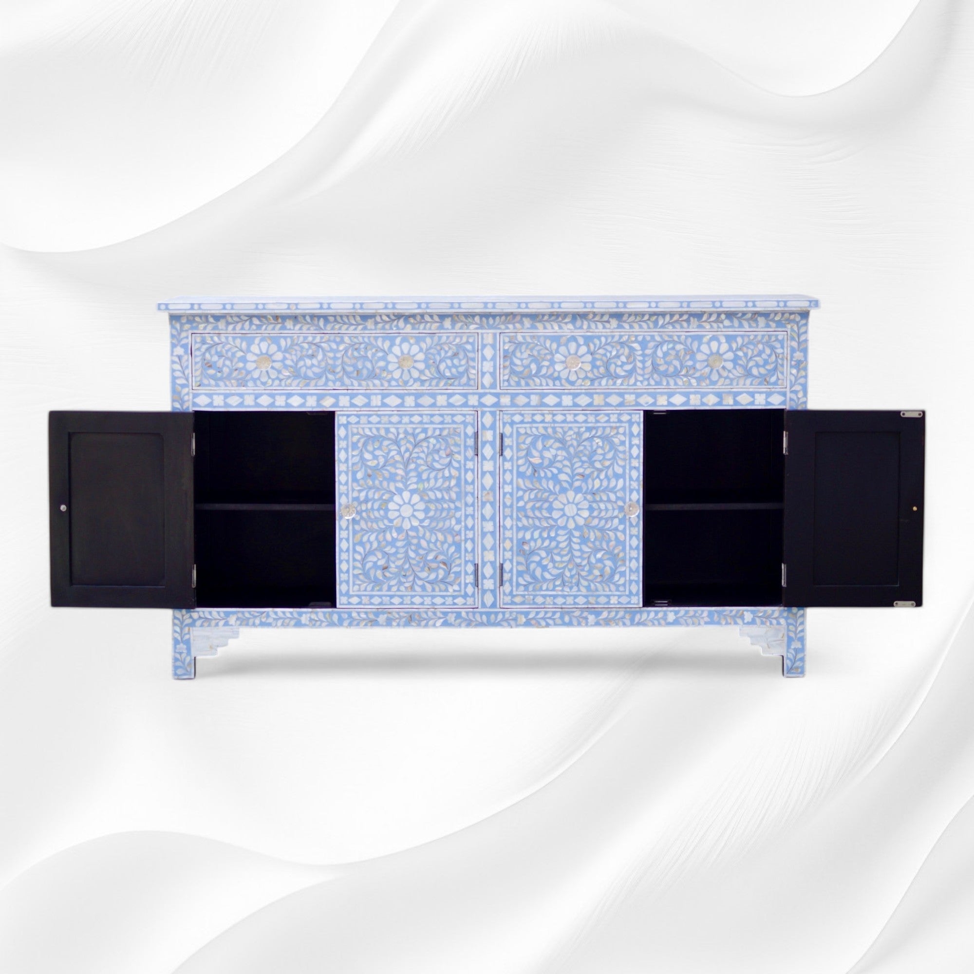Mother Of Pearl Inlay Floral Design 2 Drawers & 4 Doors Sideboard table Light Blue