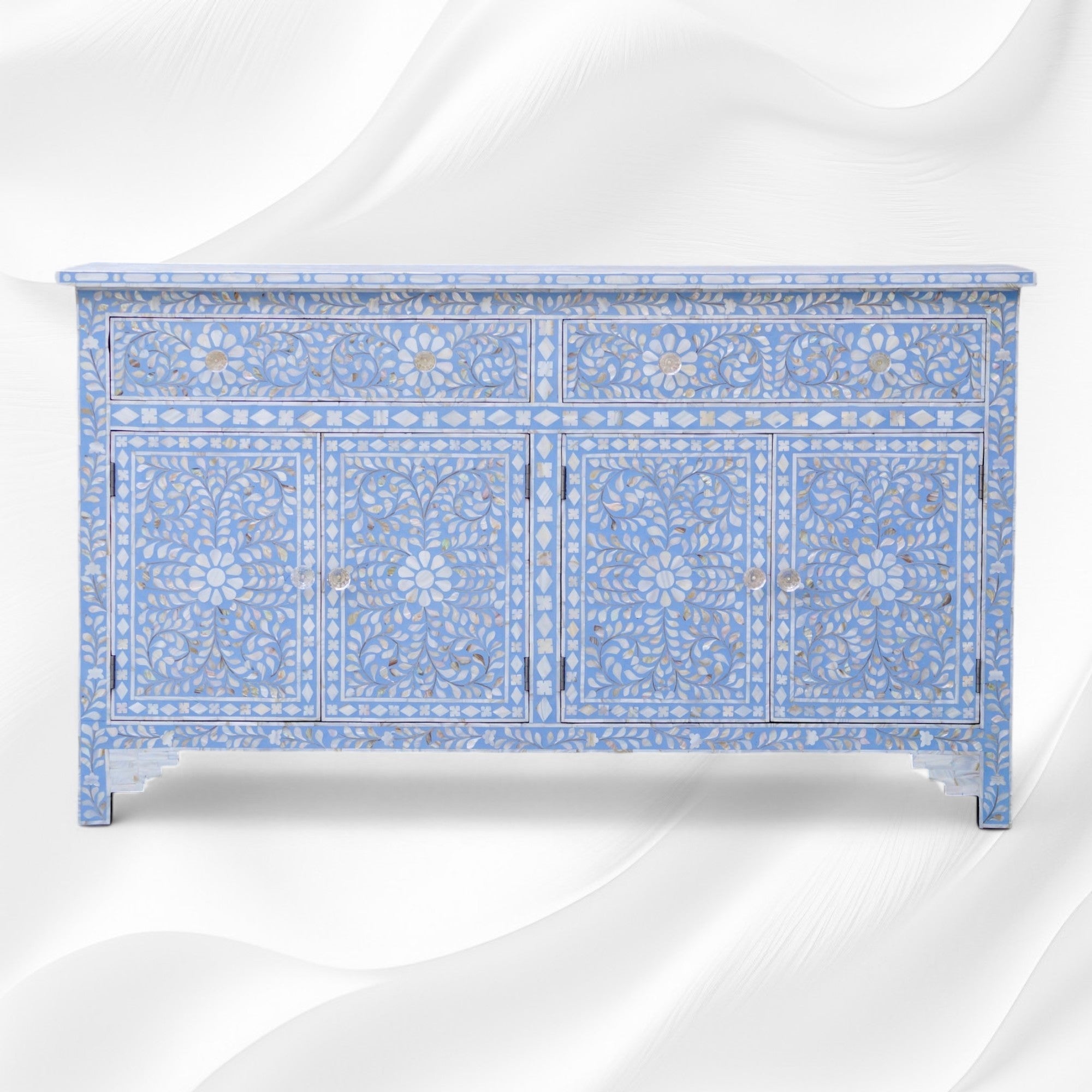 Mother Of Pearl Inlay Floral Design 2 Drawers & 4 Doors Sideboard table Light Blue