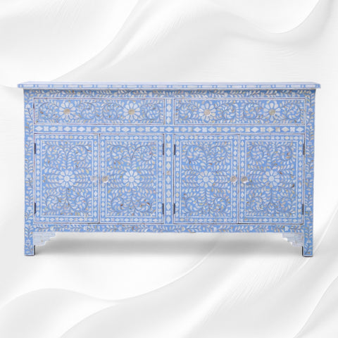 Mother Of Pearl Inlay Floral Design 2 Drawers & 4 Doors Sideboard table Light Blue