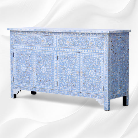 Mother Of Pearl Inlay Floral Design 2 Drawers & 4 Doors Sideboard table Light Blue