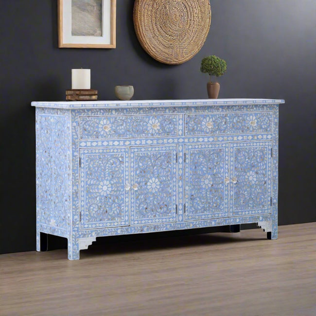 Mother Of Pearl Inlay Floral Design 2 Drawers & 4 Doors Sideboard table Light Blue