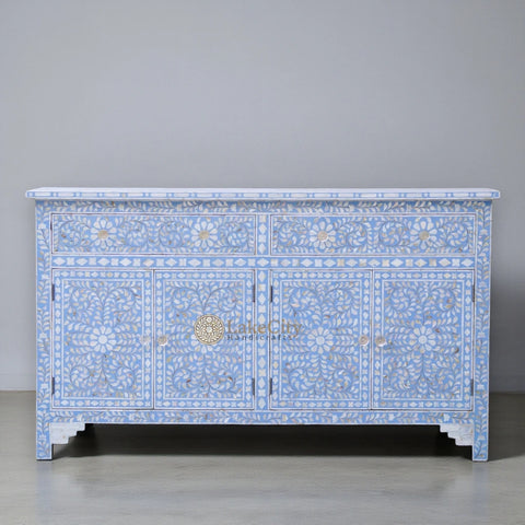 Mother Of Pearl Inlay Floral Design 2 Drawers & 4 Doors Sideboard table Light Blue
