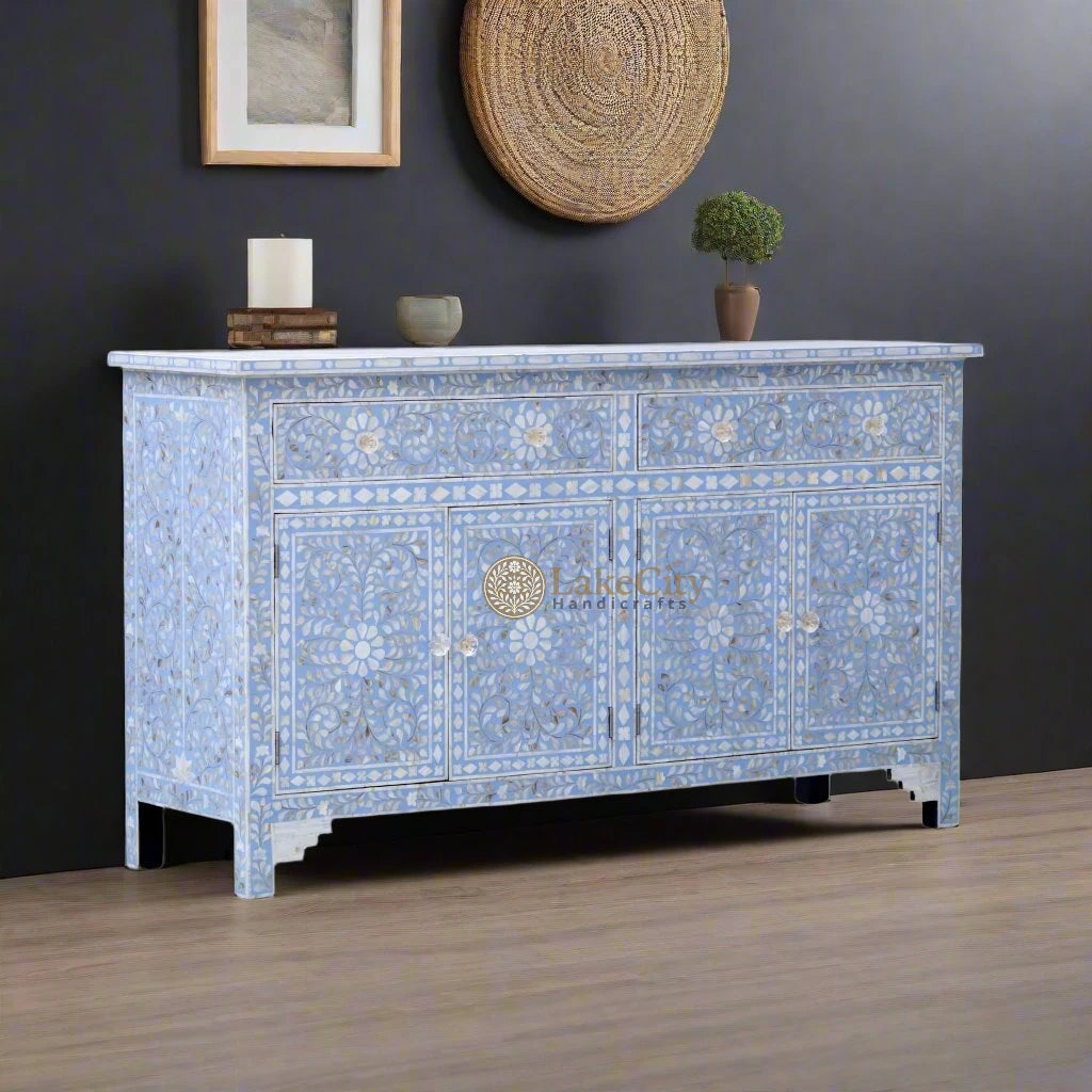 Mother Of Pearl Inlay Floral Design 2 Drawers & 4 Doors Sideboard table Light Blue