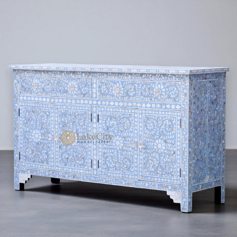 Mother Of Pearl Inlay Floral Design 2 Drawers & 4 Doors Sideboard table Light Blue