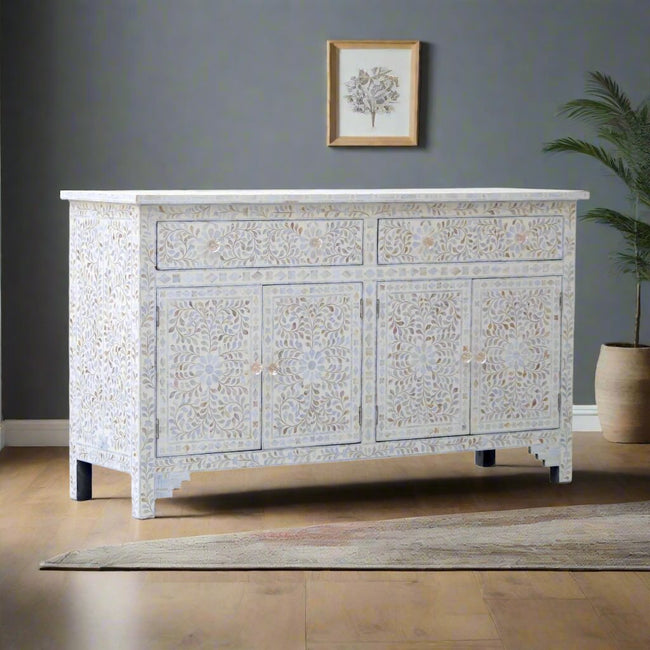 Mother Of Pearl Inlay Floral Design 2 Drawers & 4 Doors Sideboard Table Beige