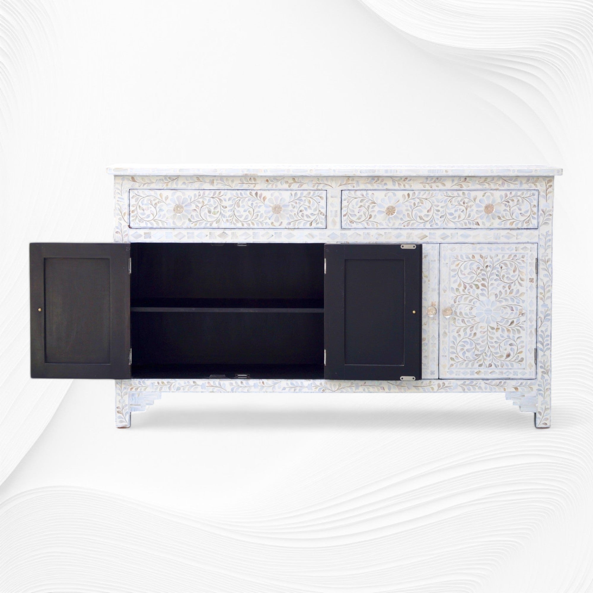 Mother Of Pearl Inlay Floral Design 2 Drawers & 4 Doors Sideboard Table Beige