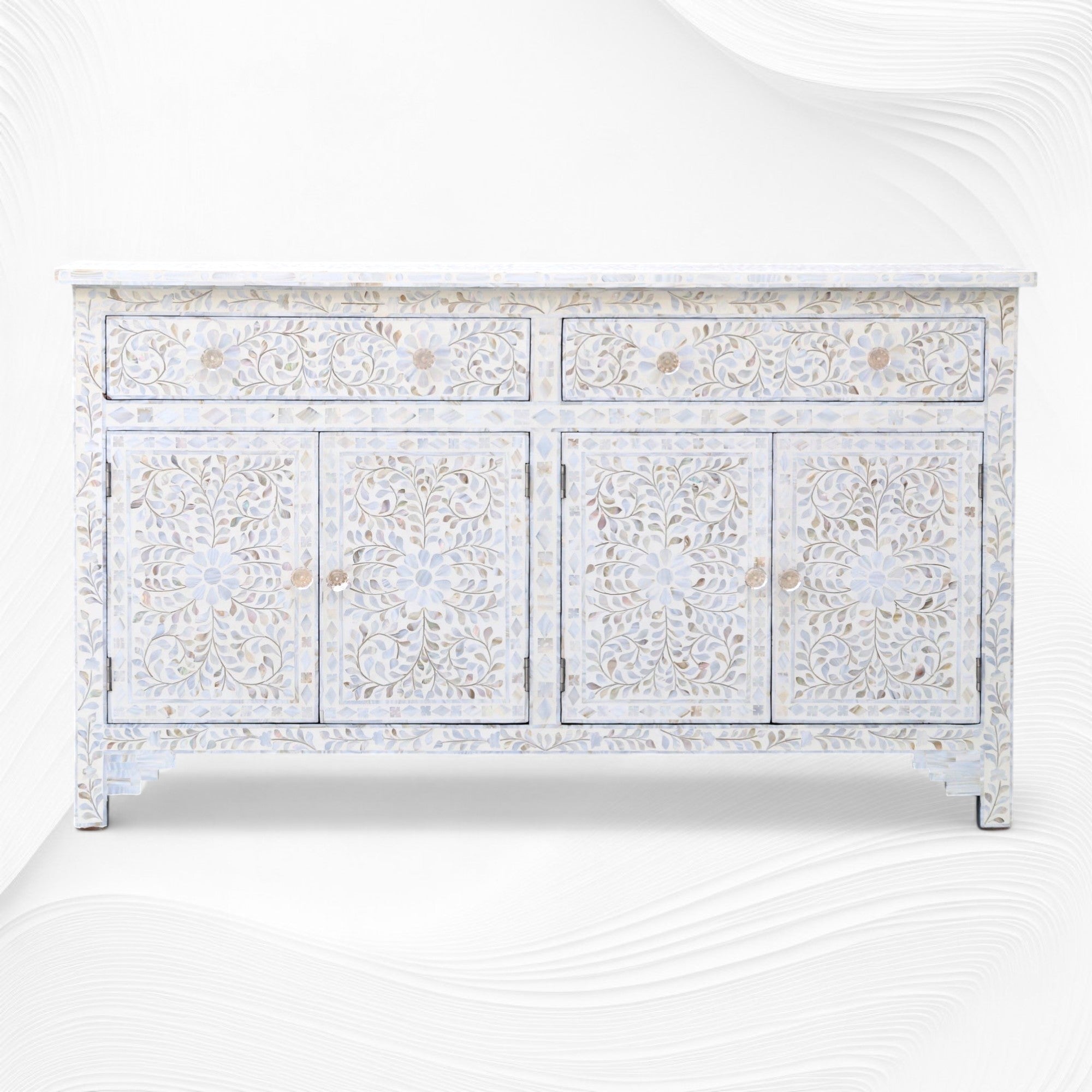 Mother Of Pearl Inlay Floral Design 2 Drawers & 4 Doors Sideboard Table Beige