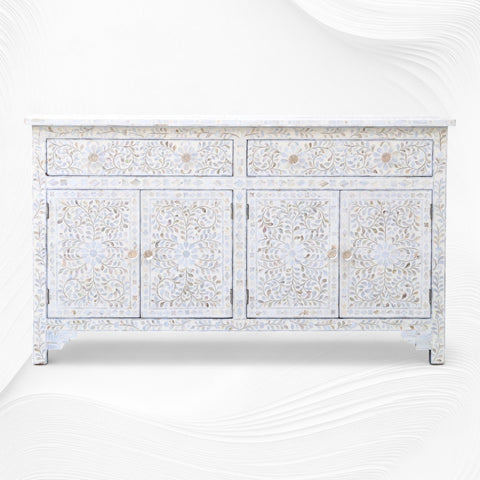 Mother Of Pearl Inlay Floral Design 2 Drawers & 4 Doors Sideboard Table Beige