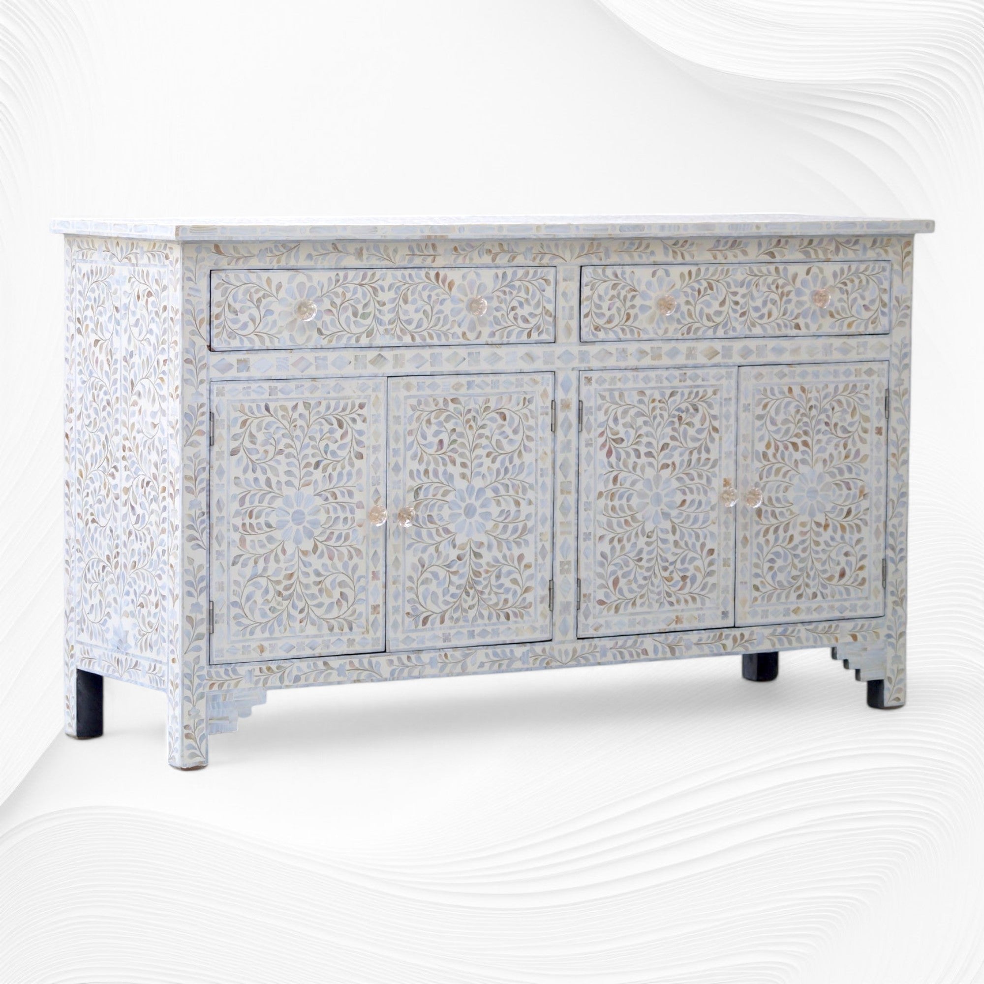 Mother Of Pearl Inlay Floral Design 2 Drawers & 4 Doors Sideboard Table Beige