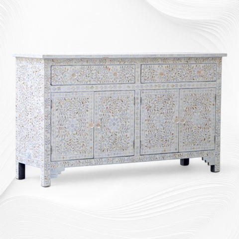 Mother Of Pearl Inlay Floral Design 2 Drawers & 4 Doors Sideboard Table Beige