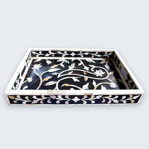 Mother Of Pearl Inlay Flower Tray Black