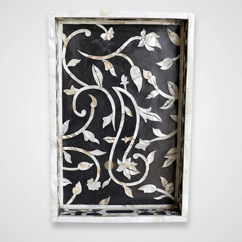 Mother Of Pearl Inlay Flower Tray Black
