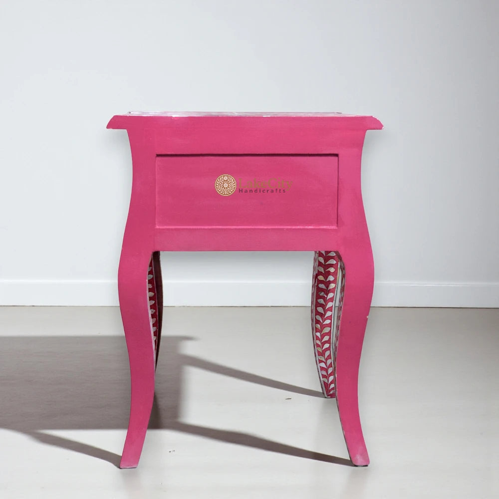 Mother Of Pearl Inlay French Leg Bedside 1 Drawer Floral Design Pink
