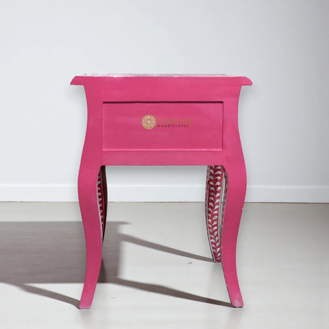 Mother Of Pearl Inlay French Leg Bedside 1 Drawer Floral Design Pink