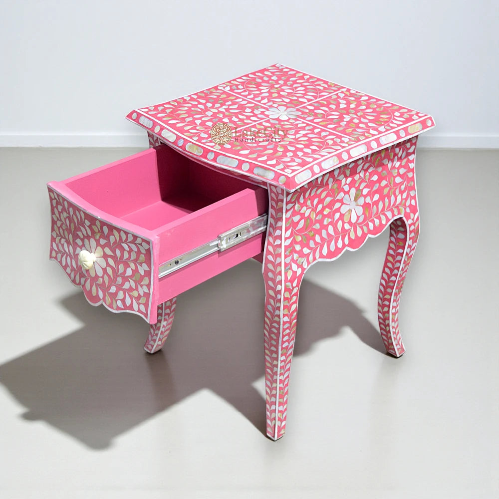 Mother Of Pearl Inlay French Leg Bedside 1 Drawer Floral Design Pink