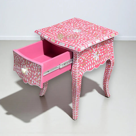Mother Of Pearl Inlay French Leg Bedside 1 Drawer Floral Design Pink