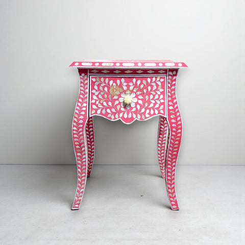 Mother Of Pearl Inlay French Leg Bedside 1 Drawer Floral Design Pink